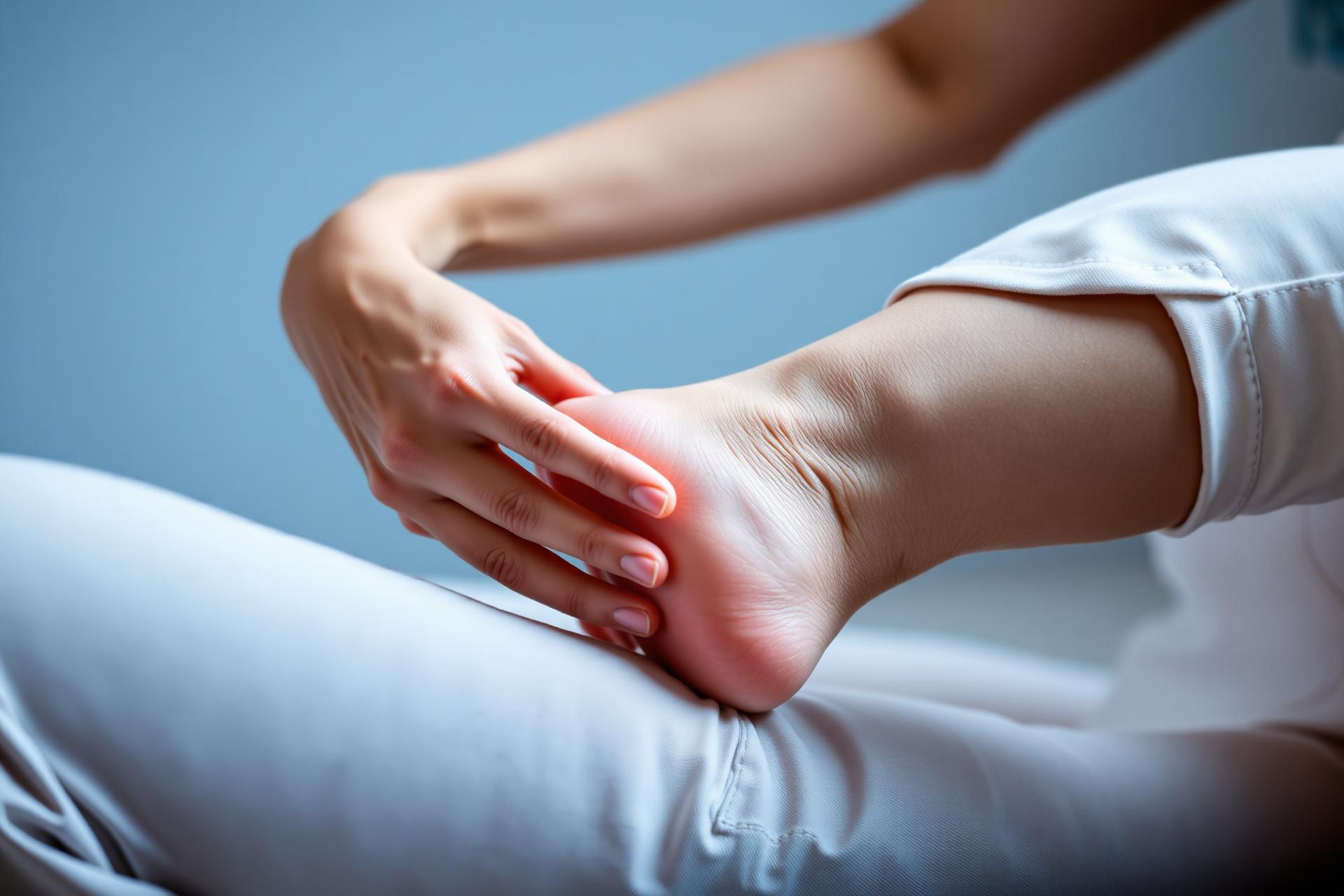 Person holding the back of their heel, suggesting heel pain